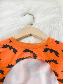 2Pcs Girls 2 Pieces Set Short Hollow-Out Bat Print Sweatshirt & Elastic Ribbed Slim Fit Cami Dress, Casual Vacation Halloween Autumn - Orange - View 6