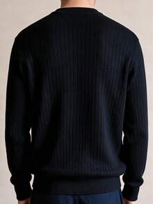 Men's Mercerized Ribbed Slim Fit Regular Shoulder Crew Neck Long Sleeve Sweater - Black - View 8