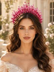 KOVLYNE 1pc Women's Crystal Floral Tiara, Sparkling Beaded Rhinestone Crown Headband, Suitable For Wedding, Bridal Styling, Graduation Prom, Beauty Pageant And Special Occasions - Hot Pink - View 6