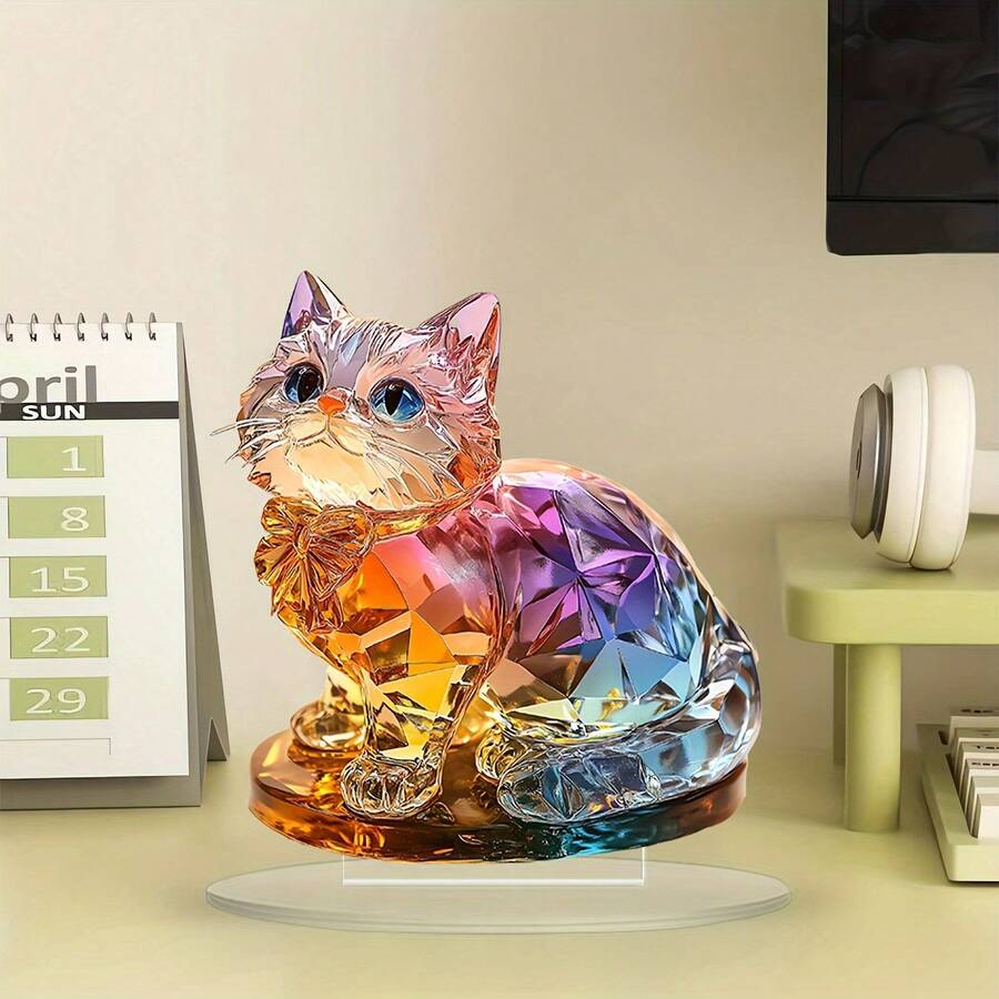 1pc Creative Cute Colorful Cat 2D Acrylic Desktop Ornament, Home Decor Prop For Living Room, Bedroom, Study, Suitable For Home And Living Room Holiday Decoration, Great Gift - Ornament - View 1