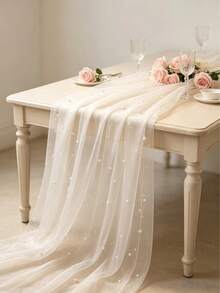 1pc White Pearl Embellished Sheer Fabric, Suitable For Table Runner, Ceremony Backdrop, Home Decor, Room Decoration, Birthday Party Decoration, Wedding Ceremony Decoration, Creating Romantic Atmosphere - Multicolor - View 6