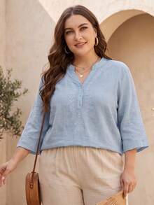 Plus Size Random Embroidery Casual Loose Fitting Women Blouse, Spring/Summer - Blue - View 1