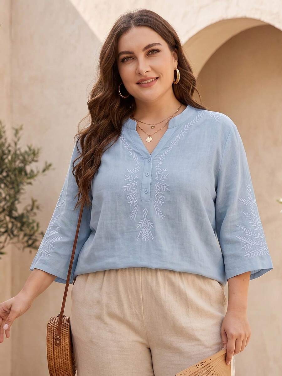 Plus Size Random Embroidery Casual Loose Fitting Women Blouse, Spring/Summer - Blue - View 1