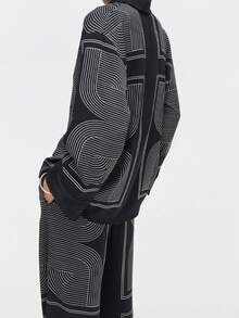 Women's Bohemian Style Elegant Button Two Pieces Set, Collared, Decorated With Unique Geometric Print, Suitable For Casual And Party Wear, Non-Stretch Fabric, Suitable For Autumn Wear - Black - View 3