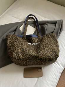 Leisure Retro Artistic Style Practical Texture Leopard Print Tote Bag, Letter Decoration Design, Reversible, Suitable For Commuting And Gatherings - Multicolor - View 12