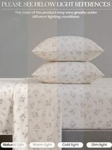 4-Piece Light Purple Floral Pattern Bedding Set, Easy-Care Soft Bedding Set, Fitted Sheet Set (1 Flat Sheet + 1 Fitted Sheet + 2 Pillowcases), Fitted Sheet Set, Suitable For King, Queen, Full, Twin Sizes, Deep Pocket Design, Pillowcases Up To 11.8 Inches, Soft And Breathable, Wrinkle-Resistant, Back To School Dorm Bedding - Beige - View 6