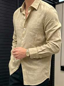 男士新款白色經典休閒長袖襯衫，時尚戶外襯衫外套 - 卡其色 - 查看 3