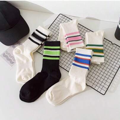 1/3/5 Pairs Women's Colorful Striped Mid-Calf Socks, Ribbed Breathable Sports Socks, Suitable For Spring/Summer, Street Casual Style, Can Be Paired With Leggings, Suitable For Fitness, Campus, Shopping, Outdoor Walking And Daily Wear