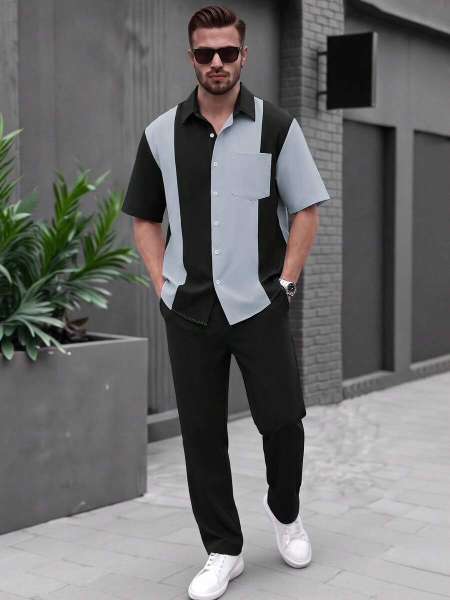 Spring/Autumn Mature Style Color Block Vertical Stripe Short Sleeve Single-Breasted Fitted Shirt With Elastic Drawstring Loose Long Pants Solid Color 2 Pieces Set, Urban Casual Commute, Smooth Polyester Woven Fabric