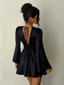 Elegant V-Neck Backless Ruffle Twist Long Sleeve Sexy Fitted Waist Slim Mini Dress Black Spring Party - Black - View 6