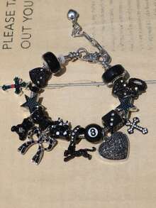 1pc Dark Leopard Cross Star Charm Bracelet, Heart Crown Bracelet, Star Dice Gothic Style Bracelet - Black - View 7