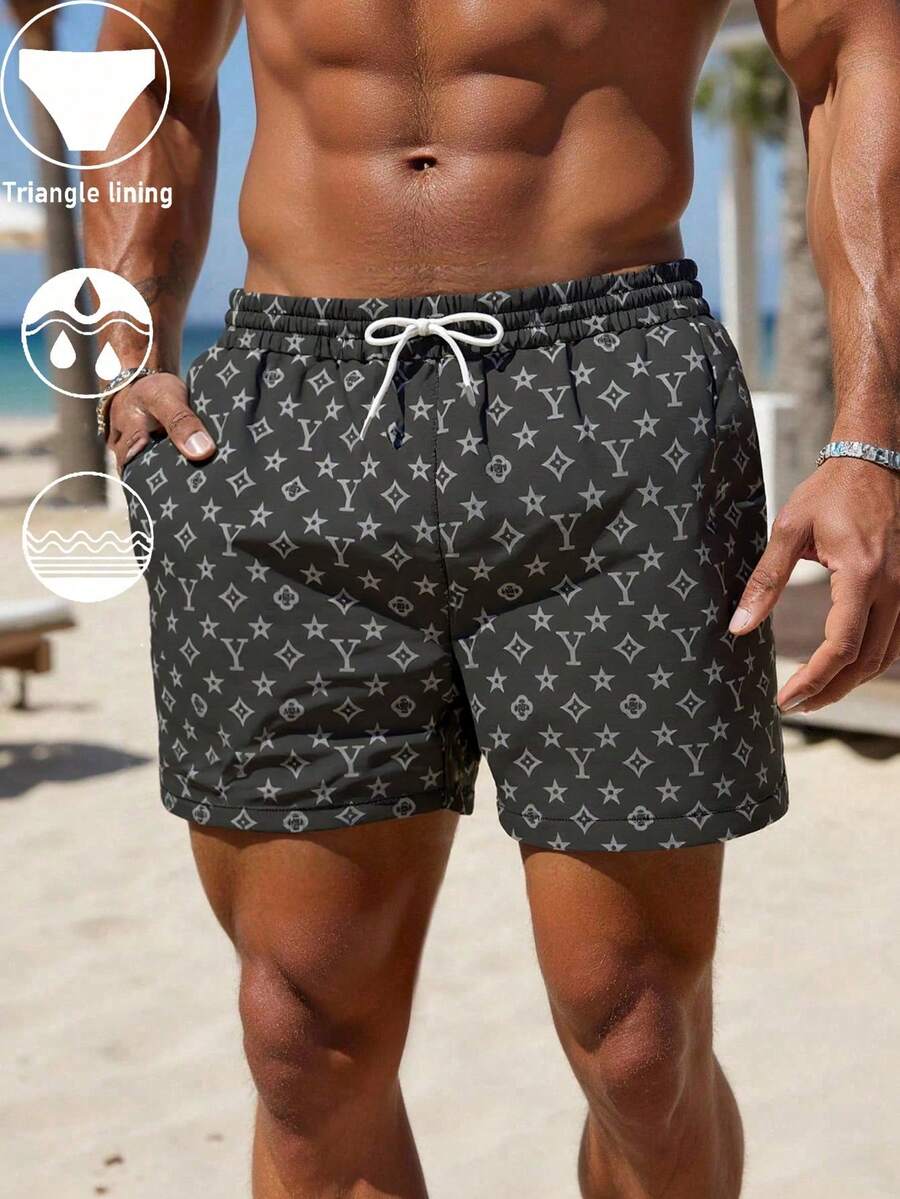 Men's Hawaiian Beach Print Swim Shorts With Inner Lining, Anti-Embarrassment Beach Swimwear