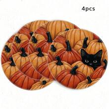1/4/6pcs Autumn Collection Black Cat In Pumpkin Pile Hand-Painted Pattern Placemats, Polyester Fiber, Suitable For Home Kitchen Table Decoration And Party Scene Decor - Multicolor - View 9