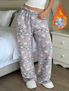 1pc Women's Plush Star Pattern Fluffy Pants, Elegant, Glamorous, Charming, Casual, Suitable For Vacation, Warm For Autumn/Winter, Cozy - Multicolor - View 1