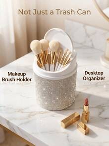 Desktop Cosmetic Trash Can With Rhinestones, Trash Organizer Swivel Lid Desktop Organizer For Dressing Table, Bedroom, Office Shine In The Sun - Multicolor - View 5