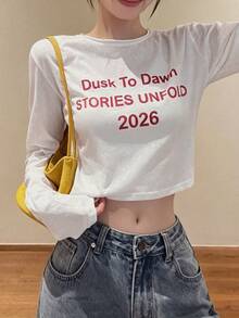 Early Spring New Letter Print Loose Round Neck T-Shirt Women Slouchy Top Casual White - White - View 2