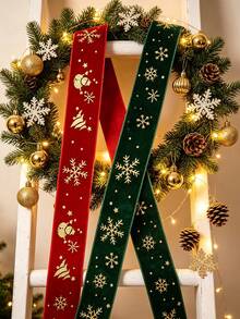1roll 2.5cm Red And Green Velvet Ribbon With Gold Foil Accents – Featuring Winter Snowman And Snowflake Patterns; Ideal For Christmas Gift Wrapping, Gift Boxes, DIY Holiday Decor, Bouquets, Wreaths, And Tree Trimming. - Multicolor - View 6