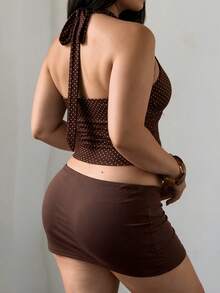 Plus Size Y2K Polka Dot Spaghetti Strap Crop Top, Women's Deep V-Neck Lace Trim Sleeveless Fitted Camisole - Brown - View 5