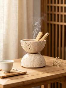 1pc Wabi‑Sabi Double‑Tier Hemisphere Incense Burner, Textured Smudge Bowl, Aroma Holder For Meditation Tabletop Home Room Decor - Stone Ball - View 5