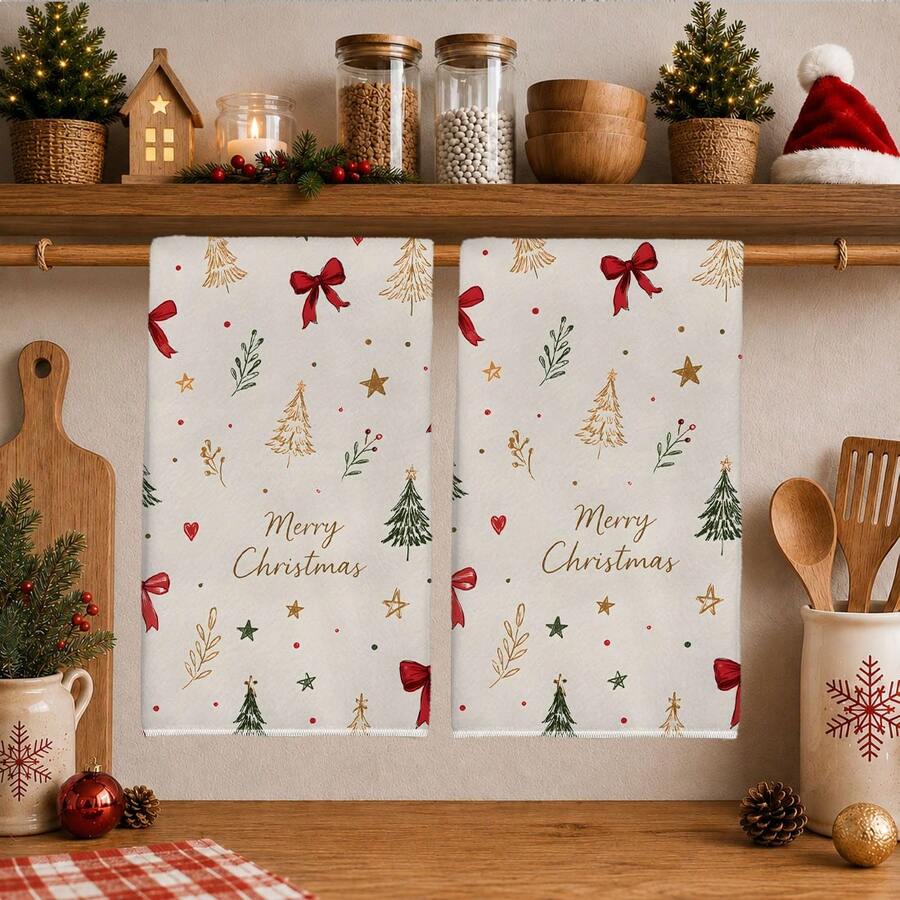 2PCS Christmas Hand-Painted Seamless Pattern Printed 40*60cm Rectangular Microfiber Soft Kitchen Towels, Dish Cloths, Tablecloths, Hand Towels, Christmas Home Decor, Bathroom & Kitchen Decor, Housewarming Gift For Neighbors, Perfect For Kitchen & Bathroom Use, Suitable For Housewives And Family Gatherings, High Cost-Performance, Household Essential - Apricot - View 1