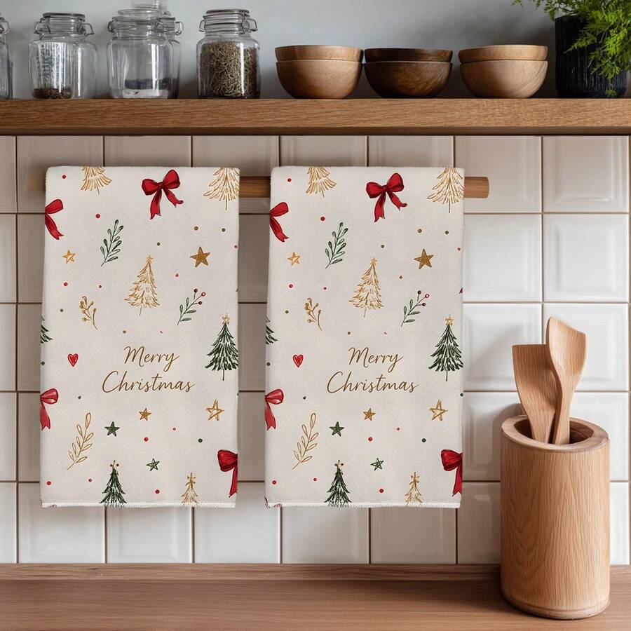 2PCS Christmas Hand-Painted Seamless Pattern Printed 40*60cm Rectangular Microfiber Soft Kitchen Towels, Dish Cloths, Tablecloths, Hand Towels, Christmas Home Decor, Bathroom & Kitchen Decor, Housewarming Gift For Neighbors, Perfect For Kitchen & Bathroom Use, Suitable For Housewives And Family Gatherings, High Cost-Performance, Household Essential - Apricot - View 1