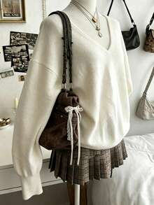 Plus Size Women's Casual Loose Solid Color V-Neck Knit Sweater - White - View 3