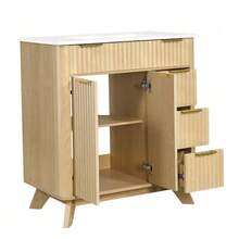 81 Cm Freestanding Bathroom Cabinet With Decorative Wave Design, Warm Natural Wood Tone, 3 Drawers And Double Doors With Shelf – Faucet Not Included - Natural Color - View 8