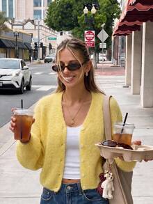 Women Yellow Solid Color V-Neck Front Button Long Sleeve Cardigan, Soft Knit Regular Fit Autumn Cardigan For Daily Work & Going Out - Yellow - View 2