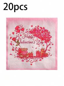20pcs Valentine's Day Bear Heart Tree Printed Napkins, Colorful Romantic Party Holiday Table Decor - Printed - View 8