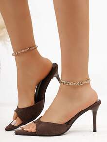 Women's Pointed Toe Mule Sandals, Brown Slip-On Open Toe Kitten Heel Shoes, Suitable For Formal And Casual Wear, Summer High Heel Shoes - Coffee Brown - View 5