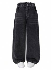 Tween Girl Fashion Straight Leg Lightweight Washed Denim Jeans - Black - View 3