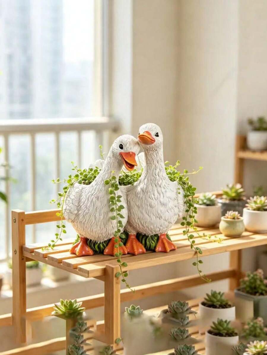 1pc Resin Couple Duck Home Decor Yard Balcony Small Flower Pot Planter