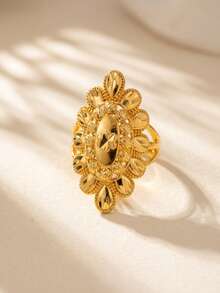 24K Gold Plated Filigree Oval Open Adjustable Ring, Rust-Resistant Gold Alternative Laser Cut Petal Metal Statement Ring Fine Jewellery - 01 - View 3