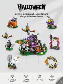 Halloween 6-In-1 Building Blocks Set, Spooky Haunted House Brick Toy With Witch, Ghost, And Pumpkin Models, Fine Motor Skills, Educational Spatial Brain Training Toy, Birthday/Halloween DIY Party Decoration & Holiday Gift For Kids And Adults - Multicolor - View 10