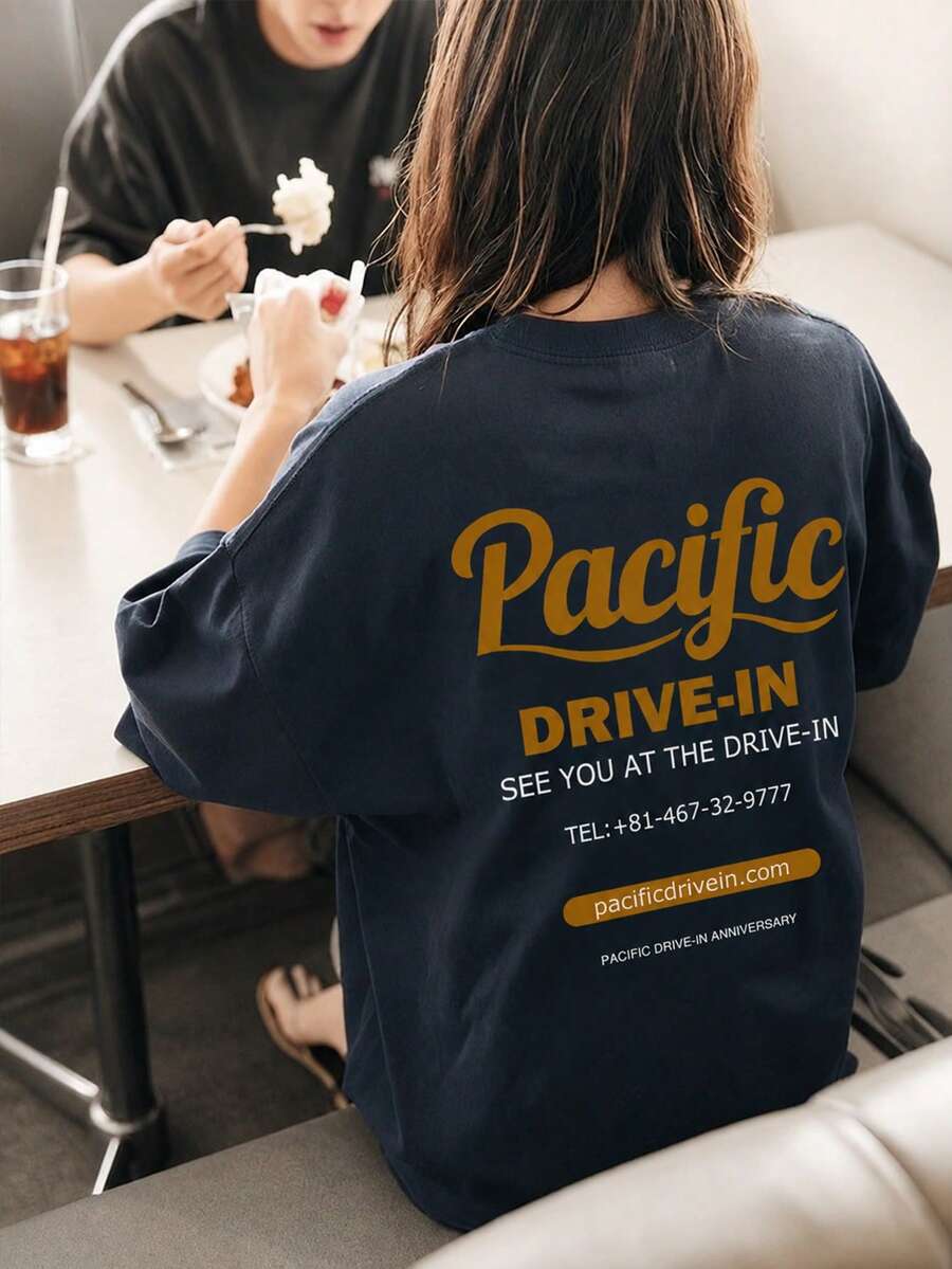Women's Casual Round Neck Letter Print Loose Fit Short Sleeve T-Shirt, Versatile For Spring/Summer - Navy Blue - View 1