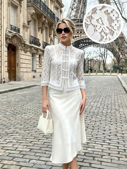 Women's Autumn Elegant French Vintage Semi-Sheer Lace Cotton Blend Stand Collar Frog Button Lace Cardigan, Quiet & Old Money Aesthetic White Summer