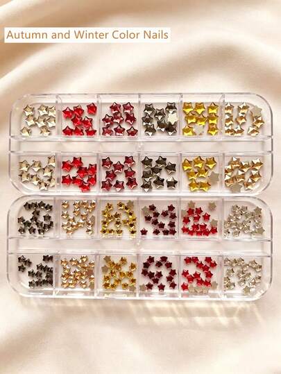 12 Grids Autumn Winter 3D Star Nail Rhinestones, Multi‑Shade Red Gold Black Glass Star Nail Charms, Fall Winter Nail Art Decor Ornaments, DIY Manicure Accessories, Suitable For Nail Salon And Home Handmade Nail Art For Women Girls