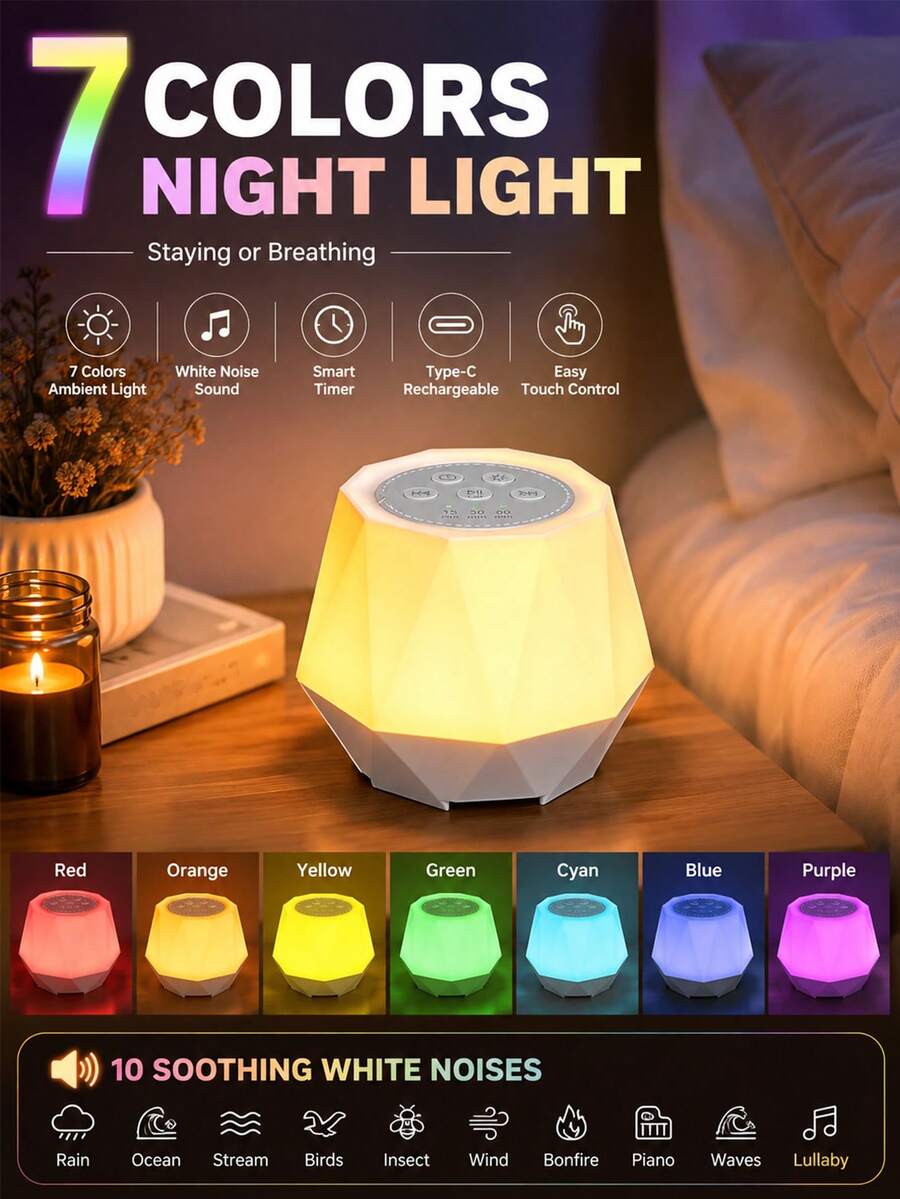 Máquina de ruido con forma de diamante de 10 lados, luz de sueño, efectos de sonido natural incorporados, luz de respiración multicolor, control táctil, recargable por USB, adecuada para dormitorio y sala de yoga, regalo perfecto para amigos con insomnio y parejas estresadas - Ver 1