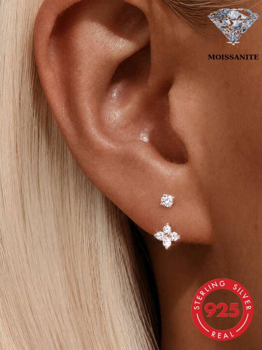 AnlaScheer 1pc 0.1ct Moissanite 925 Sterling Silver Clover Flat Back Spiral Thread Piercing Ear Stud, Women's Engagement Wedding Bridal Jewelry - Silver - View 1