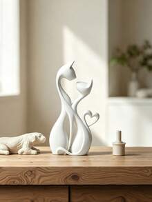 Abstract Couple Cat Figurine, Art Resin Style Cat Statue With Heart Detail, Decorative Animal Sculpture For Tabletop Living Room Bedroom Office Shelf Home Decor, Assorted Solid Colors - Multiple Styles - View 8