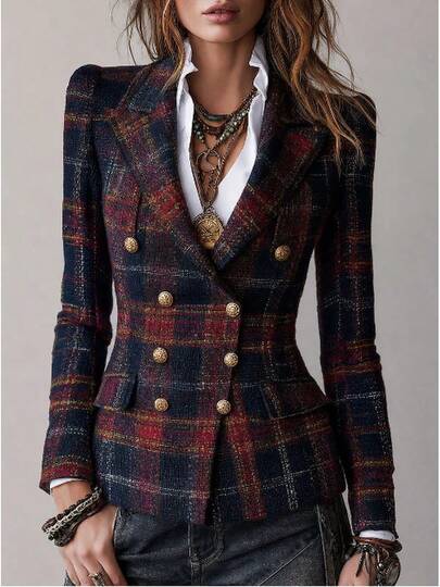 Vintage Plaid Double Breasted Tweed Blazer For Women Casual Office Outfits  Streetwear Elegant Notched Lapel Long Sleeve Coat Business Chic Commute