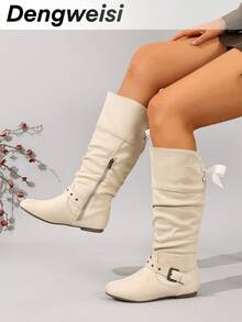 DENGWEISI Beige Slouchy Boots With Side Zipper, Flat Round Toe, Casual Comfortable Versatile Commute Daily Autumn/Winter High-Top Boots For Women Fashion - Beige - View 1