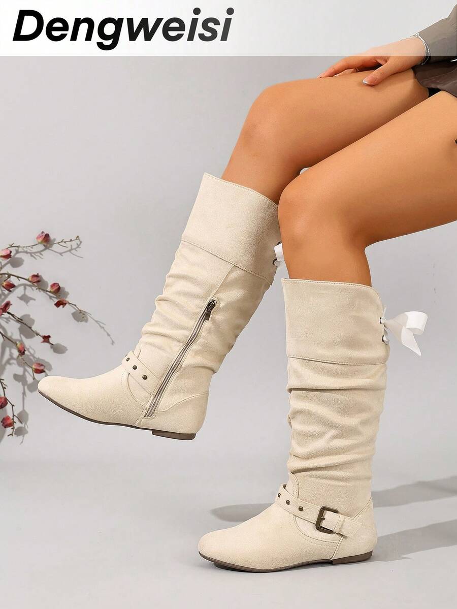 DENGWEISI Beige Slouchy Boots With Side Zipper, Flat Round Toe, Casual Comfortable Versatile Commute Daily Autumn/Winter High-Top Boots For Women Fashion - Beige - View 1