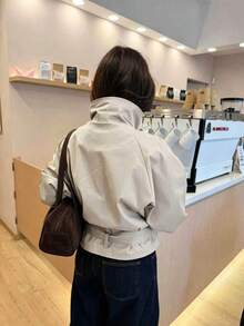 女款時尚雙排扣翻領風衣，寬鬆落肩袖綁帶腰部設計，春/秋必備 - 淺卡其色 - 查看 7