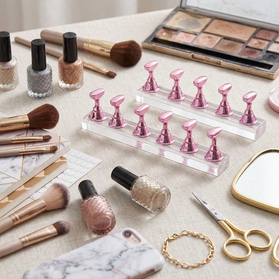 Magnetic Nail Display Stand, 10pcs Pink Nail Practice Holders With Acrylic Base, Professional Nail Training Tool For Press-On Nail Making, Essential For DIY And Nail Salon Display - Multicolor - View 1