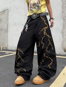 Hearty Haven 1pc Men's American Street Style Embroidered Wide Leg Jeans, Comfortable All-Season Loose Fit Floral College Style Long Pants - No Belt And Accessories - Black - View 6