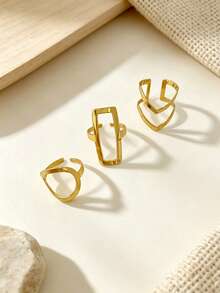 3pcs Geometric Hollow Ring Set, Gold Tone Hollow Square Oval Double V Stackable Rings, Minimalist Statement Rings Suitable For Party, Daily, Date, Holiday Gift - Gold - View 2
