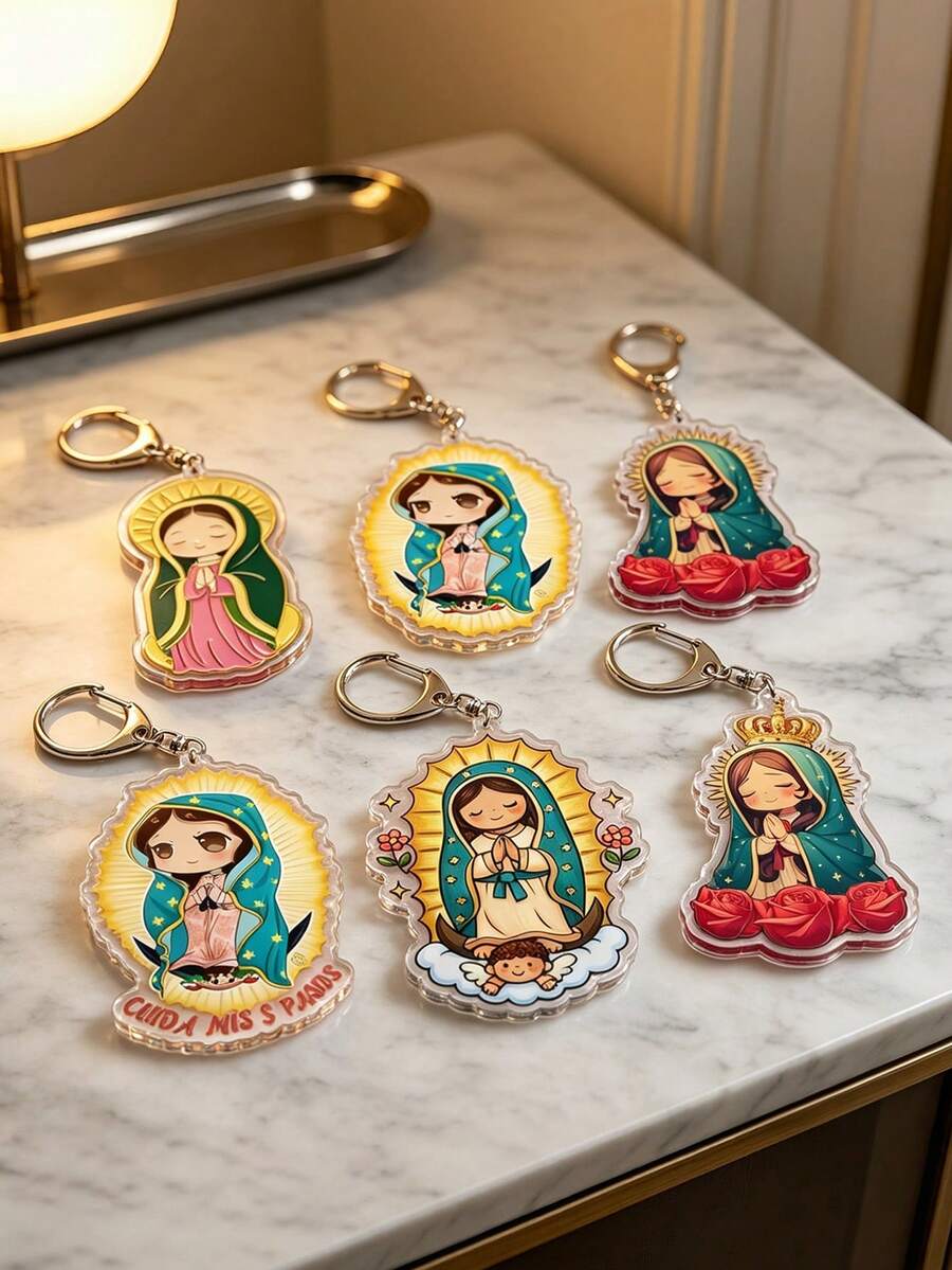 6pcs Cute Our Lady Of Guadalupe Acrylic Keychains, Cartoon Virgin Mary Religious Key Rings, Catholic Faith Hanging Decor Key Fobs, Suitable For Bags, Backpacks, Purses, Christian Spiritual Gifts For Women And Girls