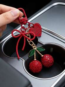 Vintage Red Rhinestone Cherry Keychain With Double Bow And Heart Pendant, Sweet Style Handbag Accessory For Girls, Comes With Gift Bag, Unique And Exquisite Gift For Best Friend - Multicolor - View 6