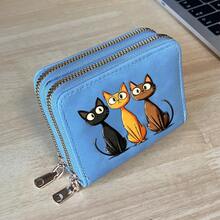 Cat Print Card Holder, Lightweight Fashionable Women's Wallet, Suitable For Daily Use, Double Zipper Mini Wallet/Coin Purse/Card Holder - Multicolor - View 14